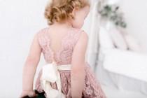 wedding photo - Boho Lace Flower Girl Dress, Mauve Tulle Wedding Dress, Rose Wedding Dress, Rustic Blush Bohemian Dresses