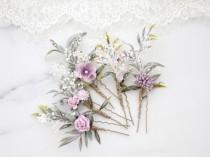 wedding photo - Soft purple flower hair pins, set dried floral hair pins, ivory lavender bobby pins wedding, bridal hair pin, bridesmaid hair pin