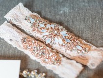 wedding photo - Sale -Wedding Garter and Toss Garter-Crystal & Opal Rhinestones with Rose Gold Details - Blush Wedding Garter Set - Style G90705OP