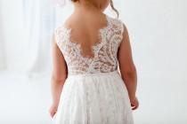 wedding photo - Boho Lace Flower Girl Dress, White Tulle Wedding Dress, Beach Wedding Dress, Communion Dress