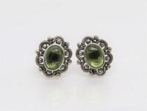 wedding photo - Vintage Sterling Silver Natural Peridot Cabochon Earrings