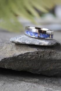 wedding photo - Blue Forget me not ring Wedding band for men / women Stainless Steel - 7 mm Floral band engagement ring Unisex ring Memories gift