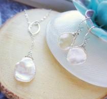 wedding photo - Keshi pearl necklace & earring set, silver Y necklace, keshi pearl y necklace, june birthstone, keshi cornflake pearls, keshi earrings