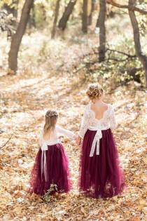wedding photo - White Lace Flower Girl Dress, Wine Tulle Long Sleeve Wedding Gown, Floor Length Burgundy Merlot Dress
