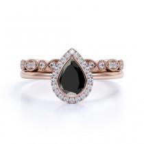 wedding photo - 1.5 Carat Black Diamond Engagement Ring Set, Pear Cut Black Diamond Promise Ring, unique Black gemstone Bridal Set, Art Deco Wedding Band