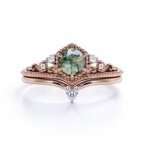 wedding photo - Vintage Crown Ring, Moss Agate Bridal Set, Alternative Gemstone Ring Set, Unique Gemstone Jewelry, Silver Moss Agate, Green Gemstone Rings