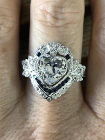 wedding photo - Vintage Art Deco Heart Blue Sapphire Ring Size 8.5