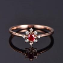 wedding photo - Ruby Diamond Floral Halo Engagement Ring - Red Promise Ring - Anniversary - Birthday Gift - 18K Rose Gold - Dainty Cluster Friendship Rings