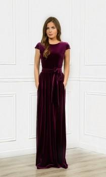wedding photo - Dark Purple Velvet Maxi Bridesmaid Dress Round Neck Deep V- Back Cup Sleeves With Pockets Sash Waistband