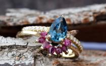 wedding photo - London blue topaz pear cut ring yellow gold-Bridal set rings yellow gold-Promised ring-Cluster wedding set-Ruby Ring