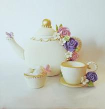 wedding photo - Tea party cake topper, tea party baby shower, tea party bridal shower, Tea party decoration, tea pot and tea cup set, Garden baby shower