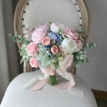 wedding photo - Bridal Bouquet,Blush Pink and Pale Blue Classic Wedding Bouquet, Rustic Boho Flower Bouquet,  Design in Rose Peony and Hydrangea