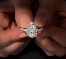 wedding photo - 2.20 Carat Pear Shape Moissanite Engagement Ring, Classic Halo Ring, Moissanite Diamond Ring, Unique Simulated Diamond Ring, Valentine Gift