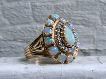 wedding photo - Gorgeous Vintage Opal and Diamond 14K Yellow Gold Cluster Ring Engagement Ring.