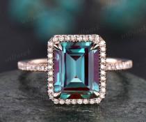 wedding photo - 8x10mm emerald cut Alexandrite engagement ring diamond ring for women solid 14k rose gold ring June birthstone ring Alexandrite jewelry gift