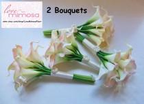 wedding photo - TWO Small Blush Pink Calla Lily Bridesmaid bouquets, Flower Girl Bouquet, Toss Bouquet