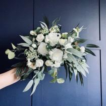 wedding photo - White & Greenery loose tied bouquet, boho, garden bouquet, wedding flowers, bridal bouquet, bridesmaid, flowergirl