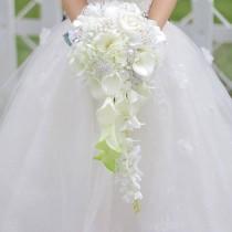 wedding photo - Ivory & Pearl Wedding Bouquet-Waterfall Bridal Bouquet-Crystal Bridal Flowers-ivory waterfall Bouquet-Bridesmaid Bouquet- Silk Flowers Bride