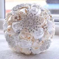 wedding photo - White & Cream Wedding Bouquet-Bridal Bouquet-Bridal Flowers-Crystal Brooch Bouquet- Cream,White Bridesmaid Flowers-Pearl Bridal Bouquet