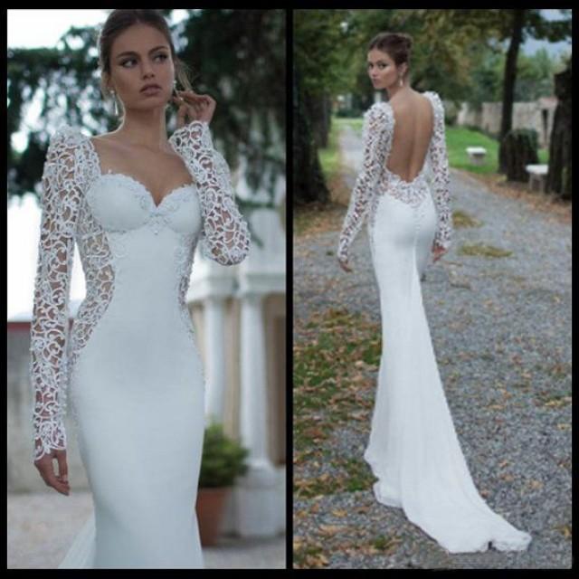 Long Sleeve Lace Backless Sweetheart Mermaid Wedding Dress , White Open ...