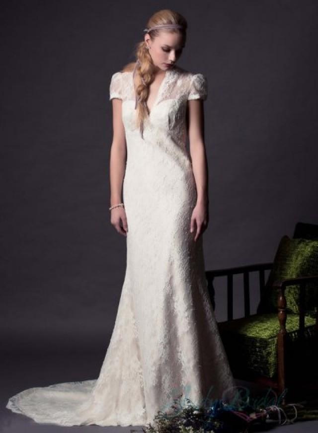 JW15157 Vintage Inspired Puff Short Sleeve Lace Sheath Wedding Dresses ...