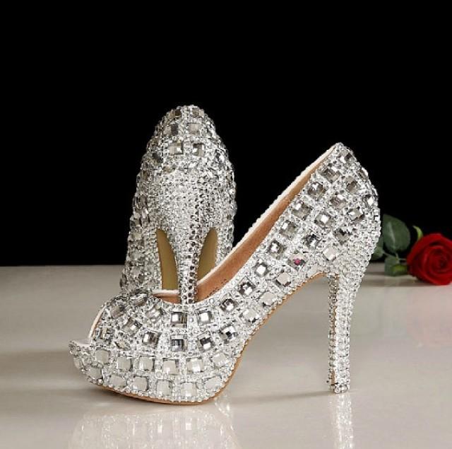 4.5 Inches Peep Toe Wedding Shoes, Bling Peep Toe Bridal Shoes, Bling ...