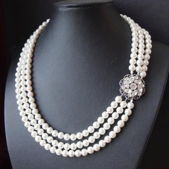 Multi Strand Pearl Bridal Necklace, Vintage Style Pearl Wedding ...