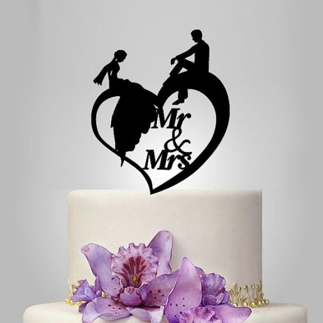 Mr And Mrs Wedding Cake Topper Birde And Groom Silhouette On Heart ...