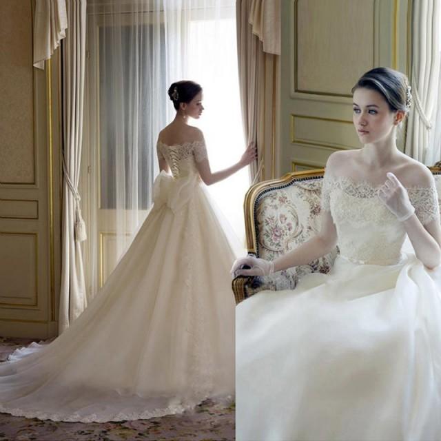Stunning Bateau Neck 2016 Wedding Dresses With Bow Sheer Organza Stunning Bateau Neck 2016 Wedding Dresses With Bow Sheer Organza Short Sleeve Lace Bridal Gowns Ball Chapel Train Dress Style Online