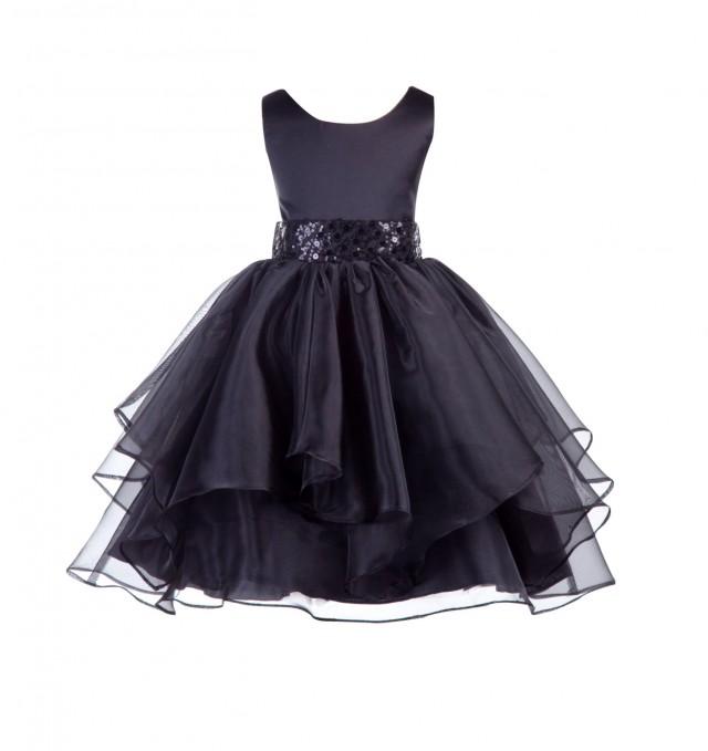 Wedding Asymmetric Ruffles Satin Organza Black Flower Girl Dress Sequin ...