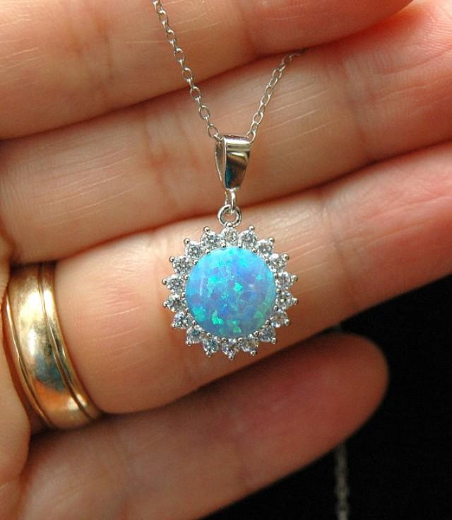Blue Opal & CZ Silver Necklace, October Birthstone, Round Lab Opal ...