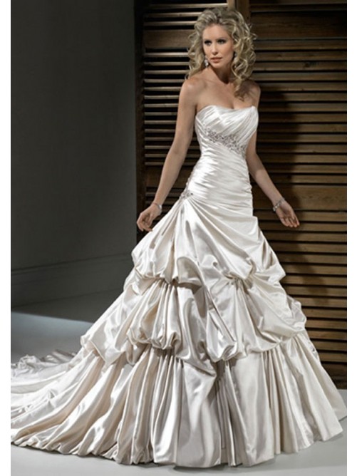 A-Line Strapless Ivory Satin Tiered Skirt Bubble Skirt Wedding Dresses ...