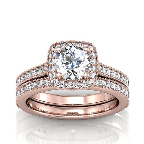 Diamond And Moissanite Rose Gold Engagement Ring And Match Wedding Band ...