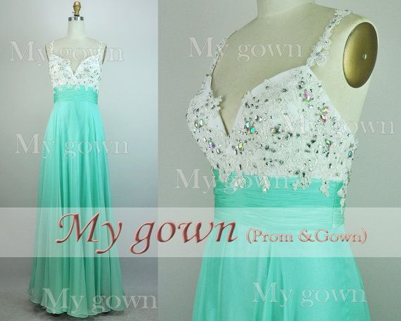2014 Mint Lace Prom Dress,Straps Lace Beading Chiffon Prom Dress ...