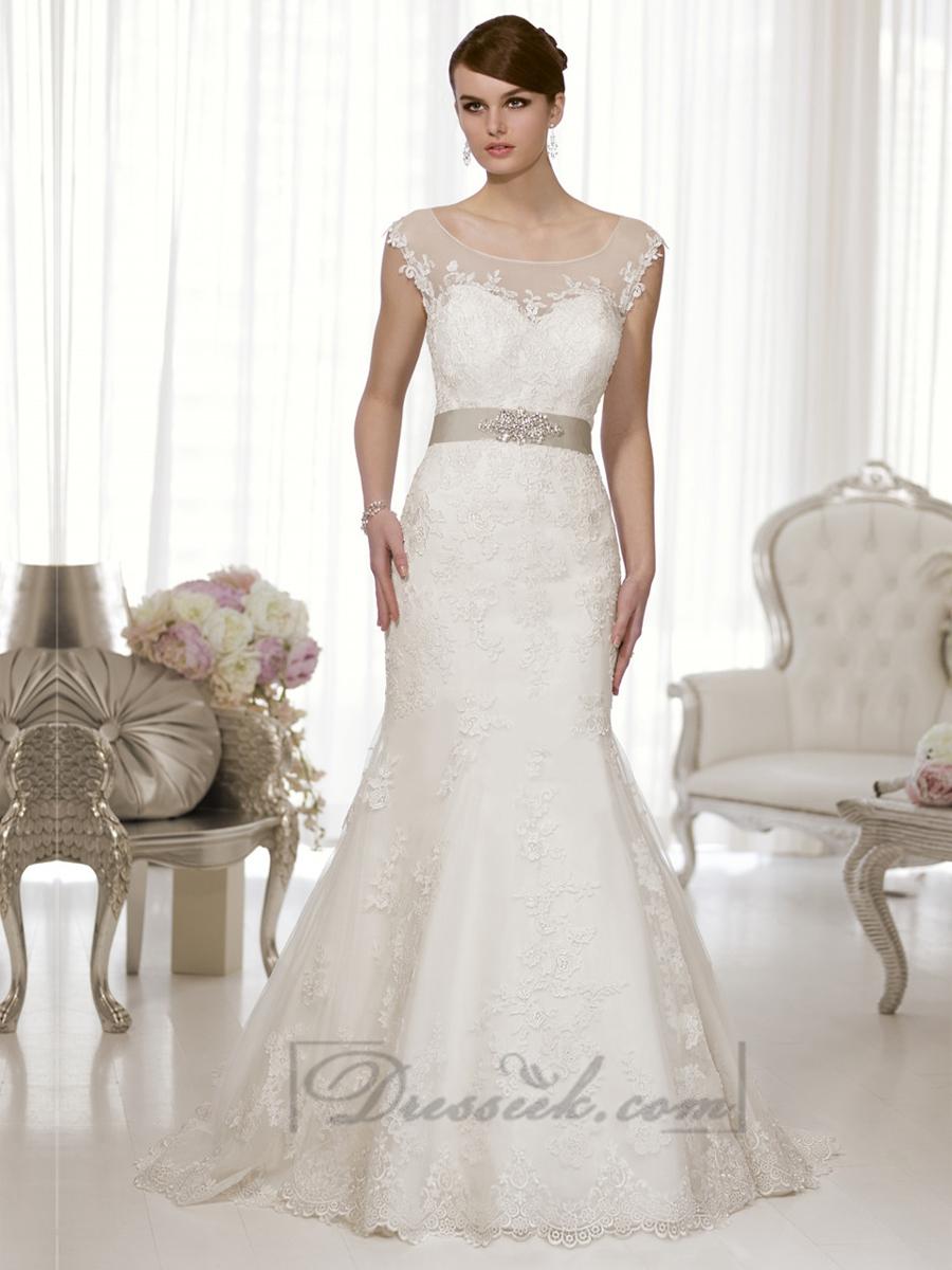 Cap Sleeves Fit And Flare Illusion Boat Neckline & Back Wedding Dress ...