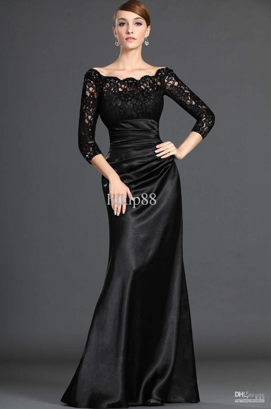 2014 New Custom Made Off-Shoulder 3/4Long Sleeve Black Lace Satin A ...