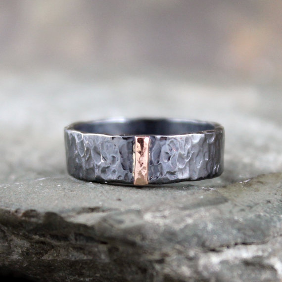 14K Rose Gold And Black Sterling Silver Band - Flat Pipe Style - Men's ...