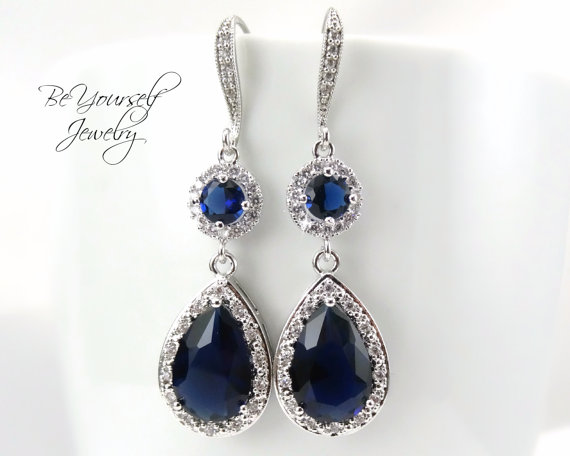 Sapphire Bridal Earrings Long Blue Teardrop Earrings Sparkly Cubic ...