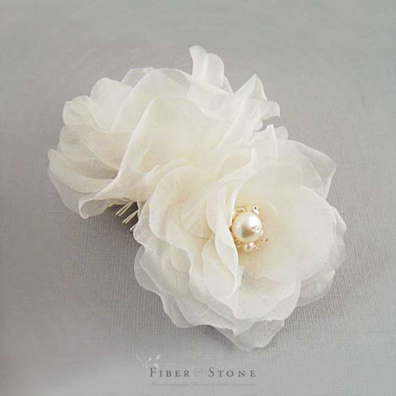 Pure Silk, Double Rose Bridal Hair Flower Comb, Bridal Headpiece, Ivory ...