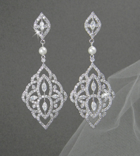Crystal Bridal Earrings, Chandelier Pearl Wedding Jewelry Swarovski ...