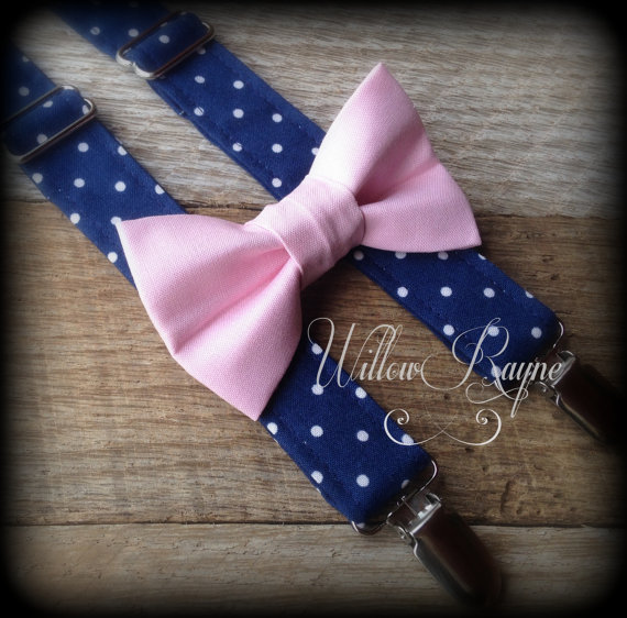 Boys Navy And Pink Bow Tie And Suspenders - Baby Boy Polka Dot ...