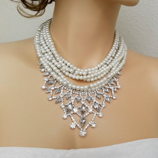 Crystal Pearl Bridal Necklace, Art Deco Statement Necklace, Ivory ...