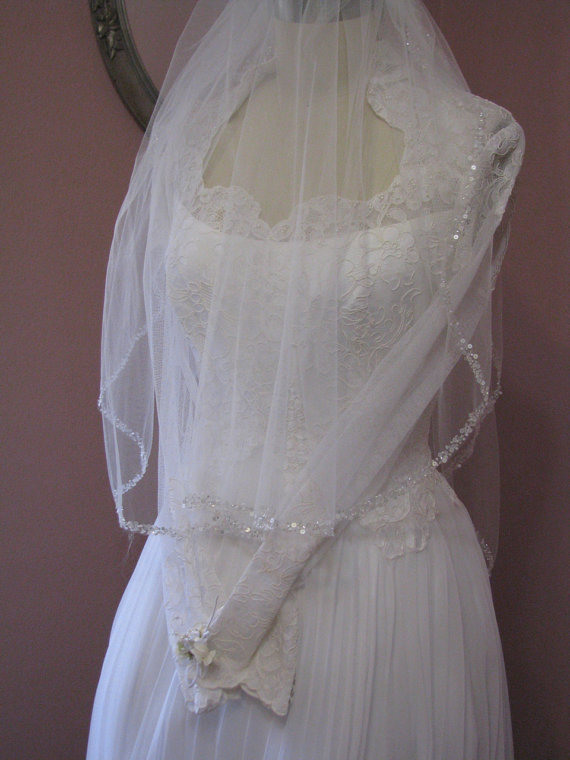 Sparkle Pearl Sequin Beaded Two Tier Layer Waist Length Wedding Veil ...