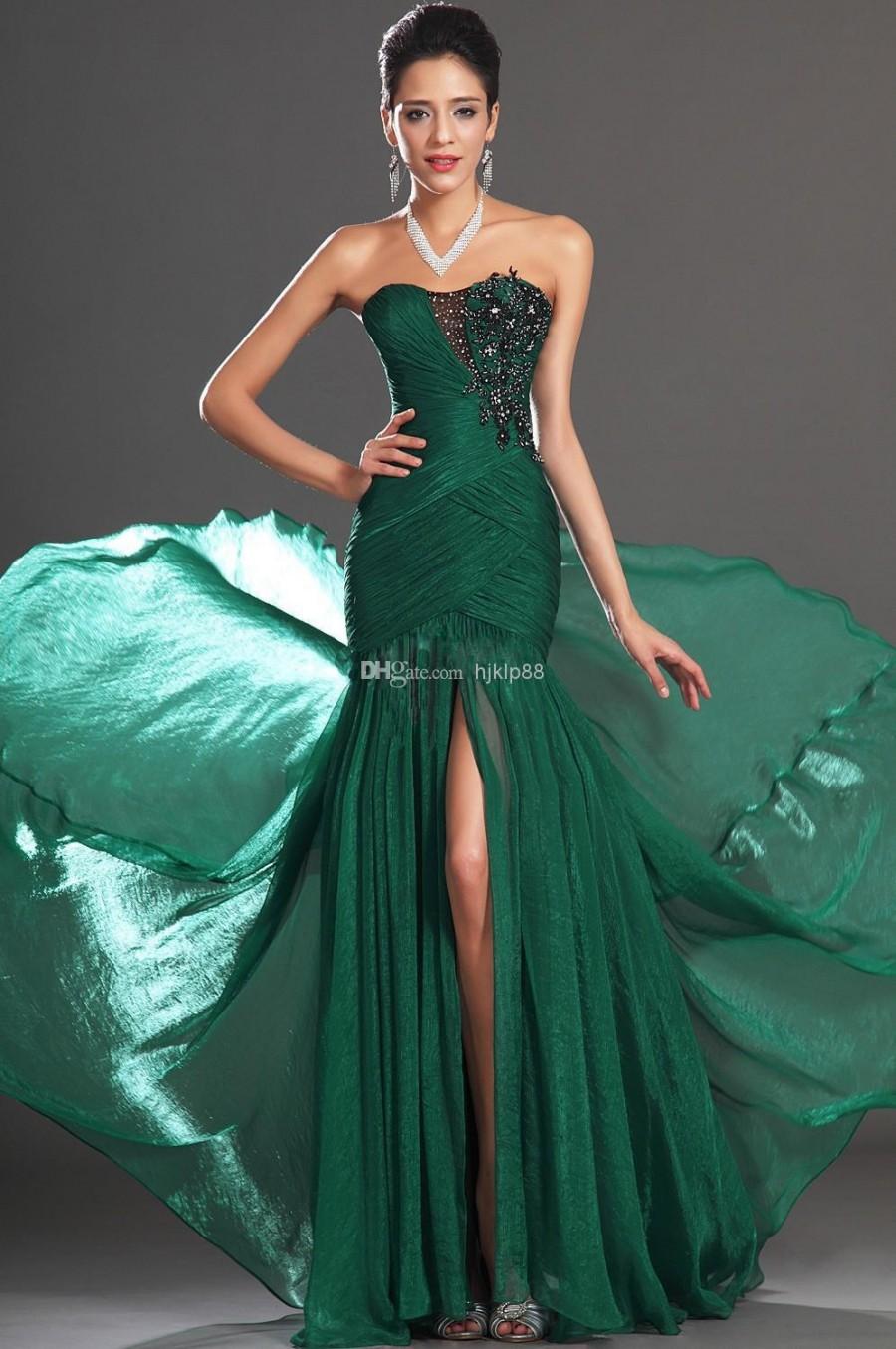 2014 Sexy Sweetheart Appliques Front Slit Floor Length Emerald Green ...