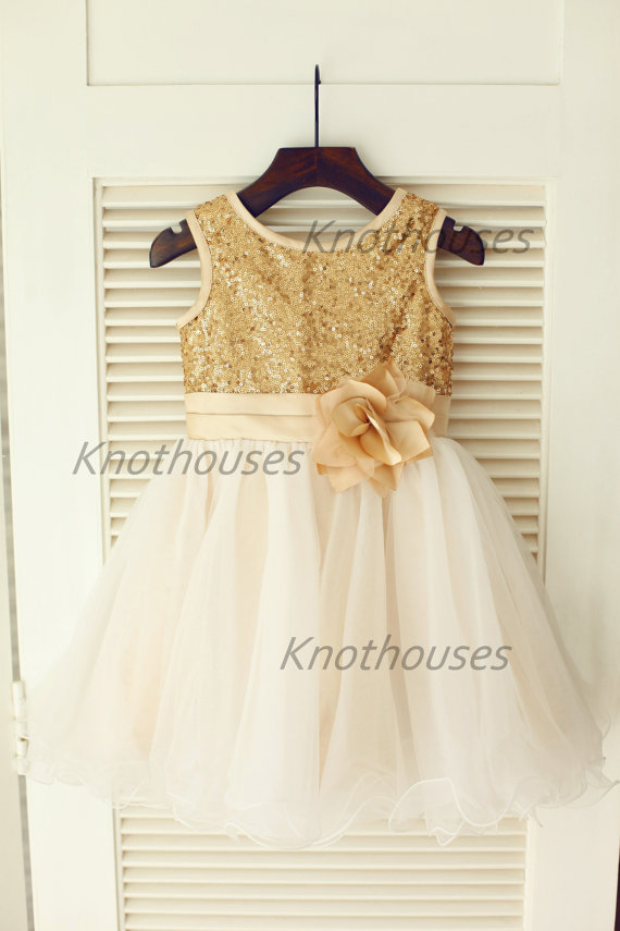 Gold Sequin IvoryTulle Flower Girl Dress Flower Belt Children Toddler ...