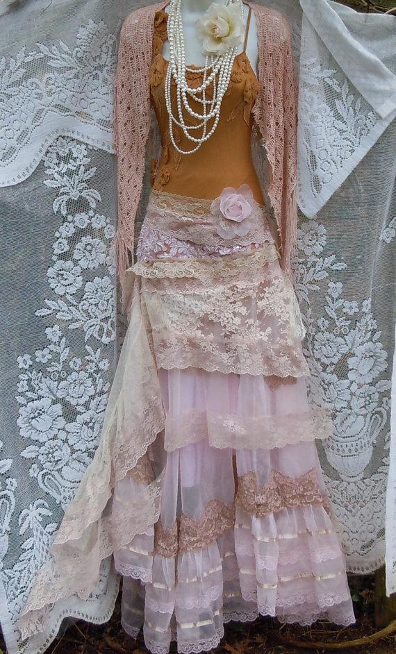Blush Wedding Dress Cream Lace Tulle Satin Vintage Edwardian Bohemian ...