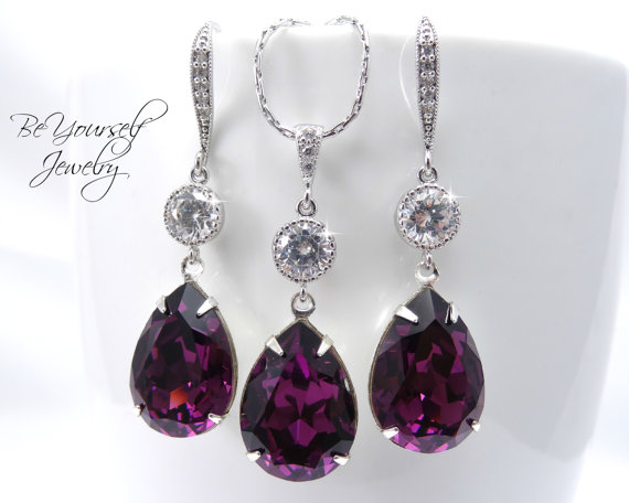 Purple Bridal Earrings & Necklace Set Swarovski Crystal Amethyst ...
