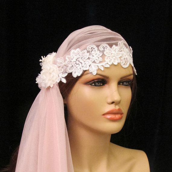 Rose Pink Champagne Ivory Juliet Cap Veil With Ivory Alencon Lace Trim ...