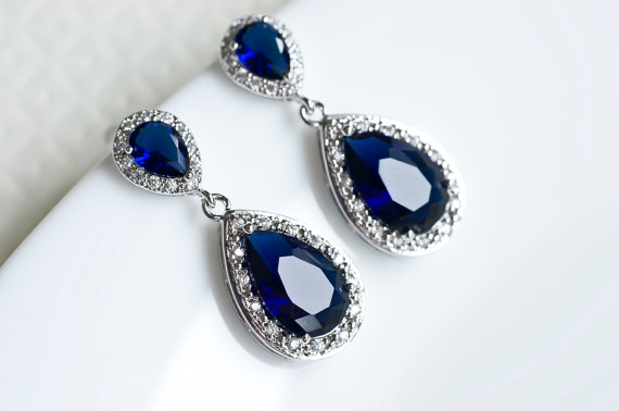 Sapphire Earrings, Blue Sapphire Bridal Earrings, Cubic Zirconia Ear ...
