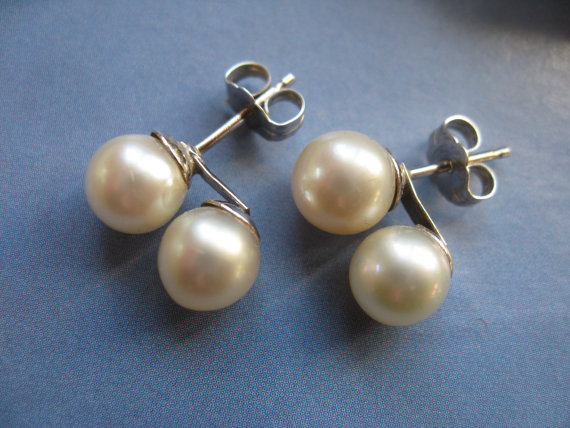 White Gold Cultured Pearl Pierced Earrings, Vintage Pearls, Bridal ...